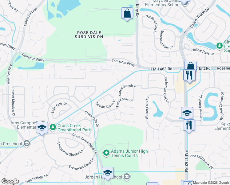 map of restaurants, bars, coffee shops, grocery stores, and more near 28015 Silver Dawn Court in Fulshear