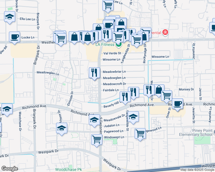 map of restaurants, bars, coffee shops, grocery stores, and more near 9643 Meadowcroft Drive in Houston