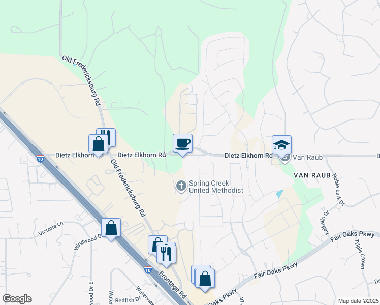 map of restaurants, bars, coffee shops, grocery stores, and more near 9150 Dietz Elkhorn Road in Boerne