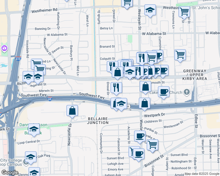 map of restaurants, bars, coffee shops, grocery stores, and more near 3735 Drexel Drive in Houston