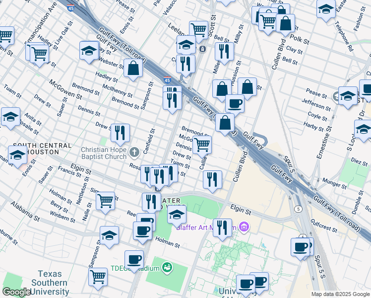 map of restaurants, bars, coffee shops, grocery stores, and more near 3606 Dennis Street in Houston