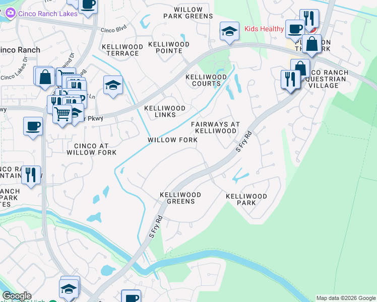 map of restaurants, bars, coffee shops, grocery stores, and more near 21211 Lochmere Lane in Katy