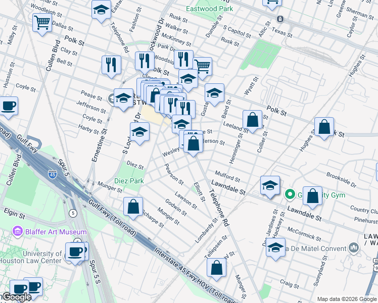 map of restaurants, bars, coffee shops, grocery stores, and more near 1220 Telephone Road in Houston