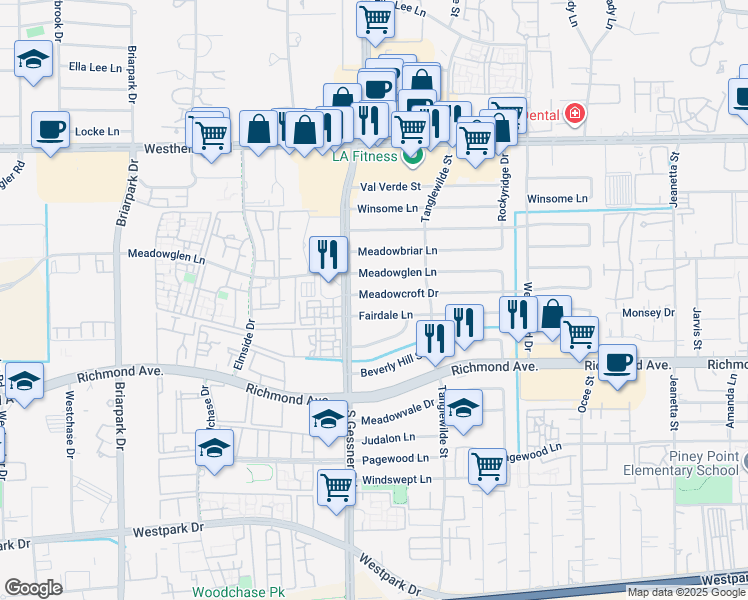 map of restaurants, bars, coffee shops, grocery stores, and more near 9643 Meadowcroft Drive in Houston