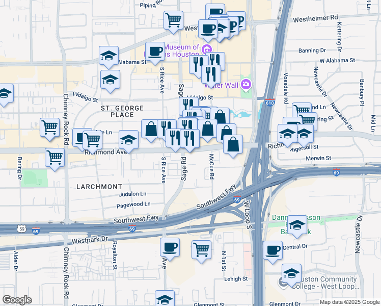 map of restaurants, bars, coffee shops, grocery stores, and more near 5177 Richmond Avenue in Houston