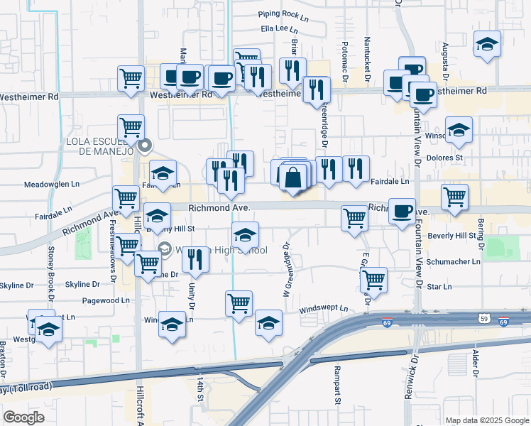 map of restaurants, bars, coffee shops, grocery stores, and more near 6261 Richmond Avenue in Houston