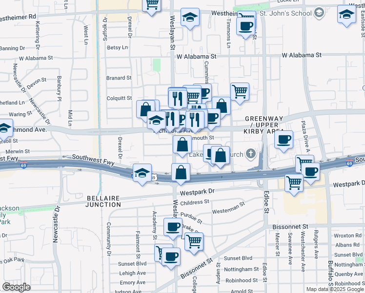 map of restaurants, bars, coffee shops, grocery stores, and more near 3838 Norfolk Street in Houston