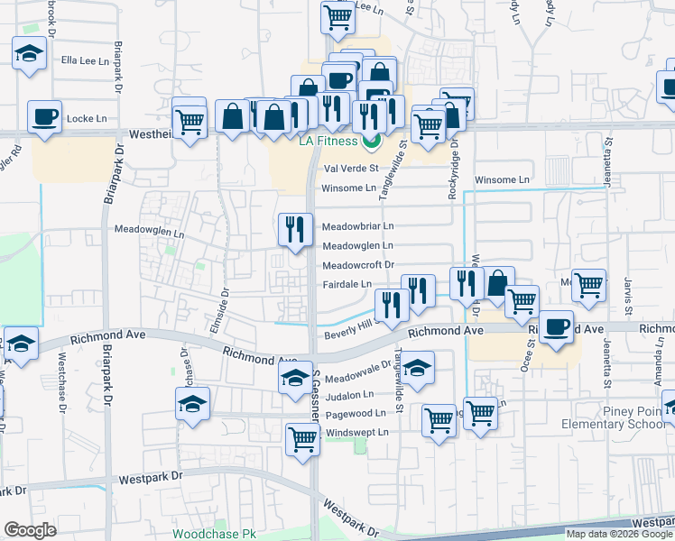 map of restaurants, bars, coffee shops, grocery stores, and more near 9643 Meadowcroft Drive in Houston