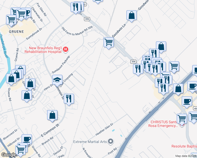 map of restaurants, bars, coffee shops, grocery stores, and more near 590 Summersweet Road in New Braunfels