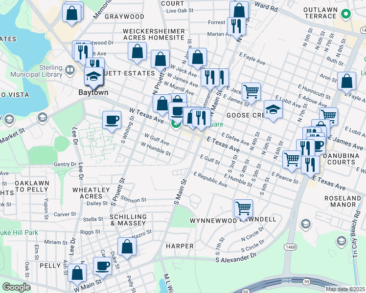 map of restaurants, bars, coffee shops, grocery stores, and more near 110 West Gulf Avenue in Baytown