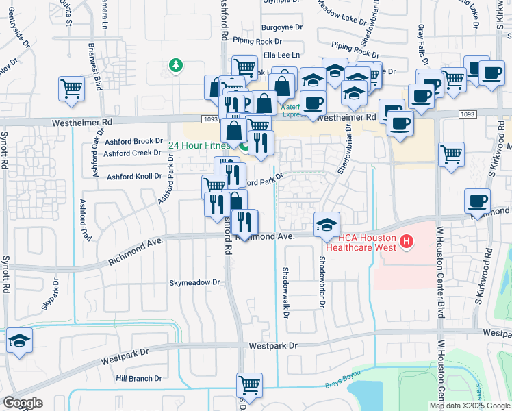 map of restaurants, bars, coffee shops, grocery stores, and more near 12570 Richmond Ave in Houston