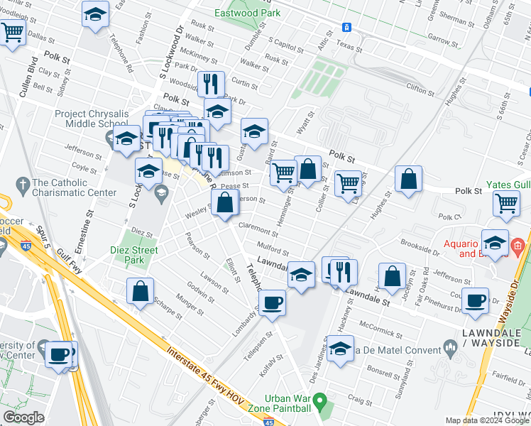 map of restaurants, bars, coffee shops, grocery stores, and more near 5113 Lindsay Street in Houston