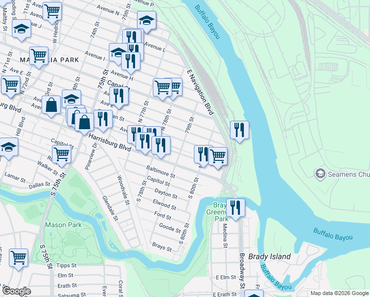 map of restaurants, bars, coffee shops, grocery stores, and more near 7916 Sherman Street in Houston