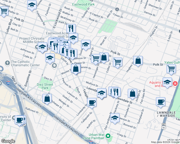 map of restaurants, bars, coffee shops, grocery stores, and more near 5113 Lindsay Street in Houston