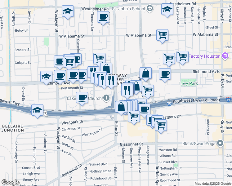 map of restaurants, bars, coffee shops, grocery stores, and more near 6 East Greenway Plaza in Houston