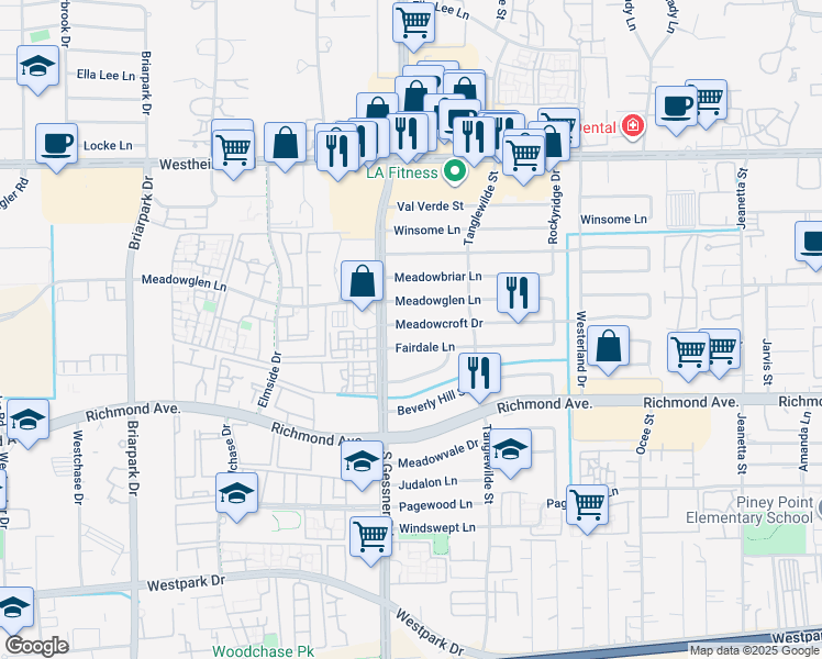 map of restaurants, bars, coffee shops, grocery stores, and more near 9643 Meadowcroft Drive in Houston