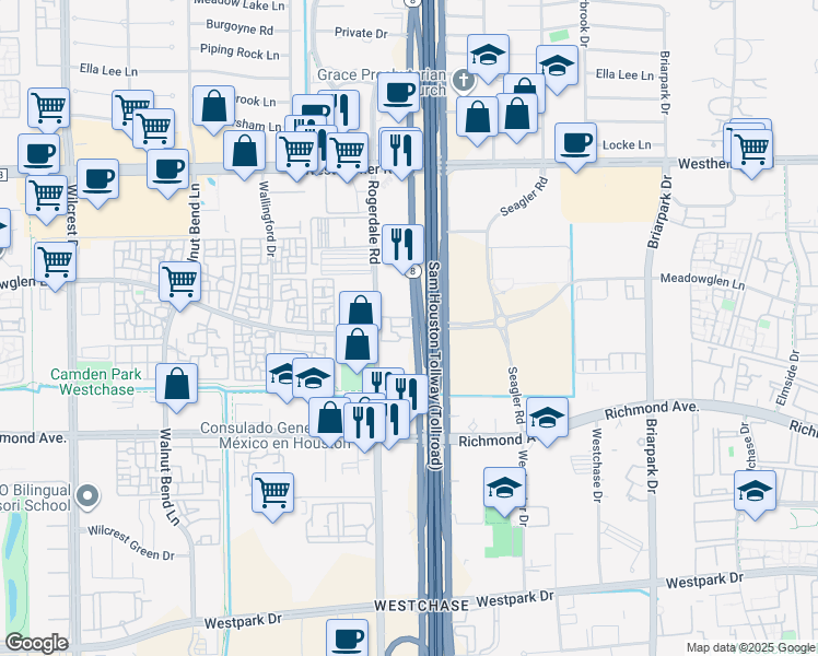 map of restaurants, bars, coffee shops, grocery stores, and more near in Houston