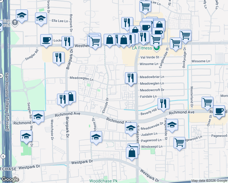 map of restaurants, bars, coffee shops, grocery stores, and more near 9797 Meadowglen Lane in Houston