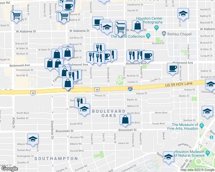 map of restaurants, bars, coffee shops, grocery stores, and more near 4608 Woodhead Street in Houston