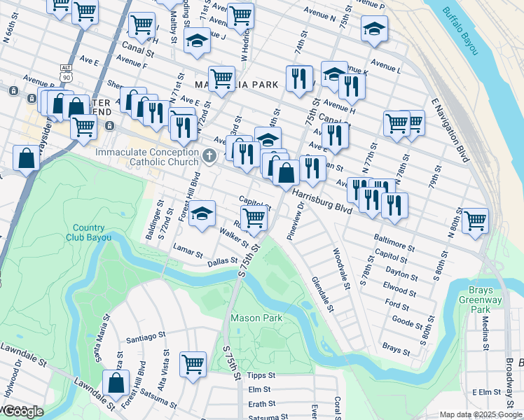map of restaurants, bars, coffee shops, grocery stores, and more near 7414 Capitol Street in Houston