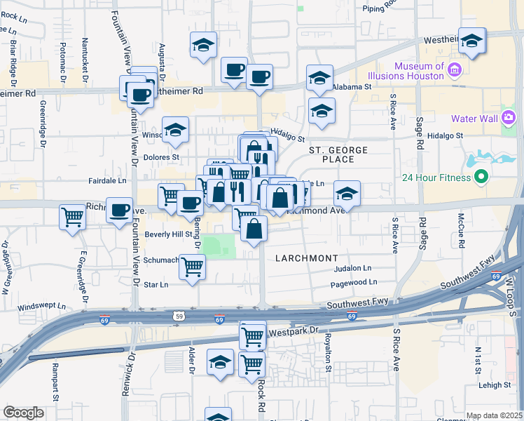 map of restaurants, bars, coffee shops, grocery stores, and more near Richmond Ave & Chimney Rock Rd in Houston
