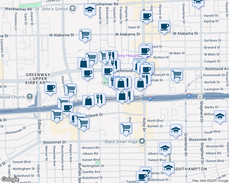 map of restaurants, bars, coffee shops, grocery stores, and more near 2828 Southwest Freeway in Houston