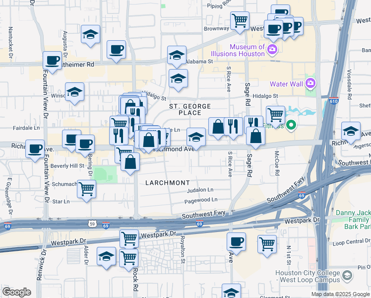 map of restaurants, bars, coffee shops, grocery stores, and more near 5455 Richmond Avenue in Houston