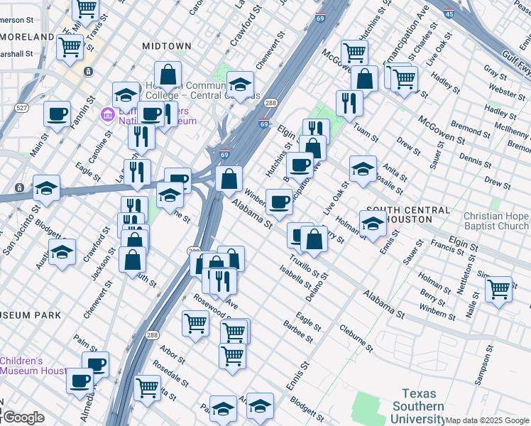 map of restaurants, bars, coffee shops, grocery stores, and more near 3705 Bastrop Street in Houston