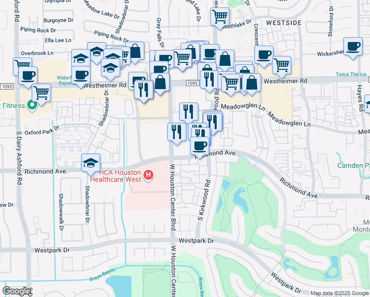 map of restaurants, bars, coffee shops, grocery stores, and more near 12289 West Houston Center Boulevard in Houston