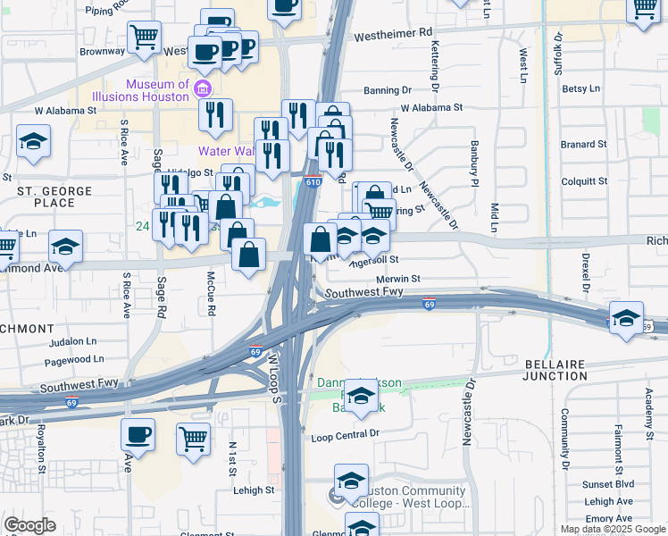 map of restaurants, bars, coffee shops, grocery stores, and more near 4822 Merwin Street in Houston