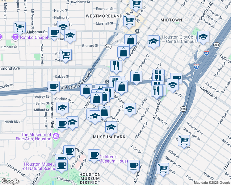 map of restaurants, bars, coffee shops, grocery stores, and more near 4615 San Jacinto Street in Houston