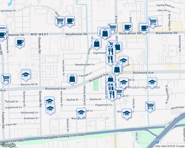 map of restaurants, bars, coffee shops, grocery stores, and more near 7715 Fairdale Lane in Houston