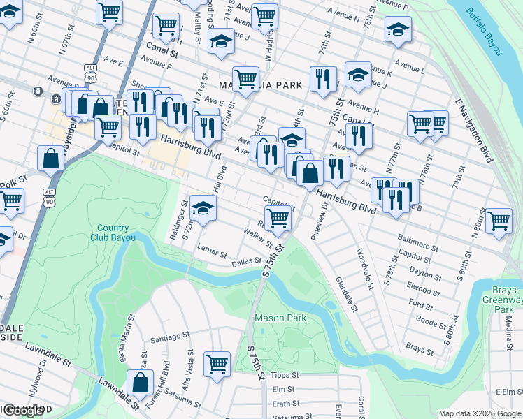 map of restaurants, bars, coffee shops, grocery stores, and more near 7328 Holtcamp Street in Houston