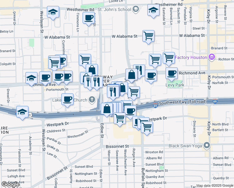 map of restaurants, bars, coffee shops, grocery stores, and more near 3800 Buffalo Speedway in Houston