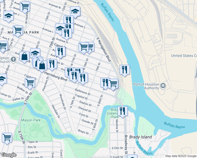 map of restaurants, bars, coffee shops, grocery stores, and more near 7916 Sherman Street in Houston