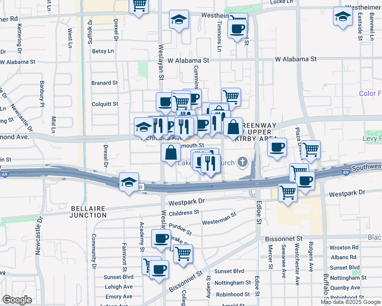 map of restaurants, bars, coffee shops, grocery stores, and more near 20 Greenway Plaza in Houston