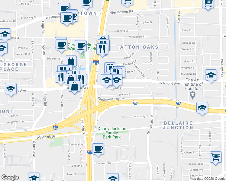 map of restaurants, bars, coffee shops, grocery stores, and more near 4723 Ingersoll Street in Houston