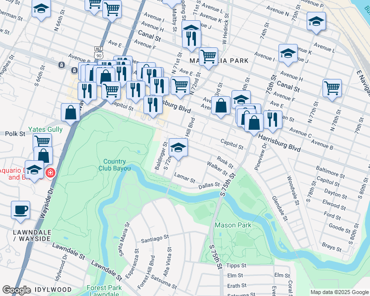 map of restaurants, bars, coffee shops, grocery stores, and more near 7302 Rusk Street in Houston