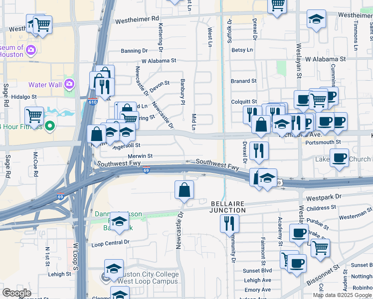 map of restaurants, bars, coffee shops, grocery stores, and more near 3627 Newcastle Drive in Houston