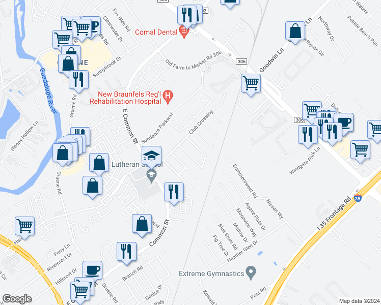 map of restaurants, bars, coffee shops, grocery stores, and more near 842 Camel Back Drive in New Braunfels