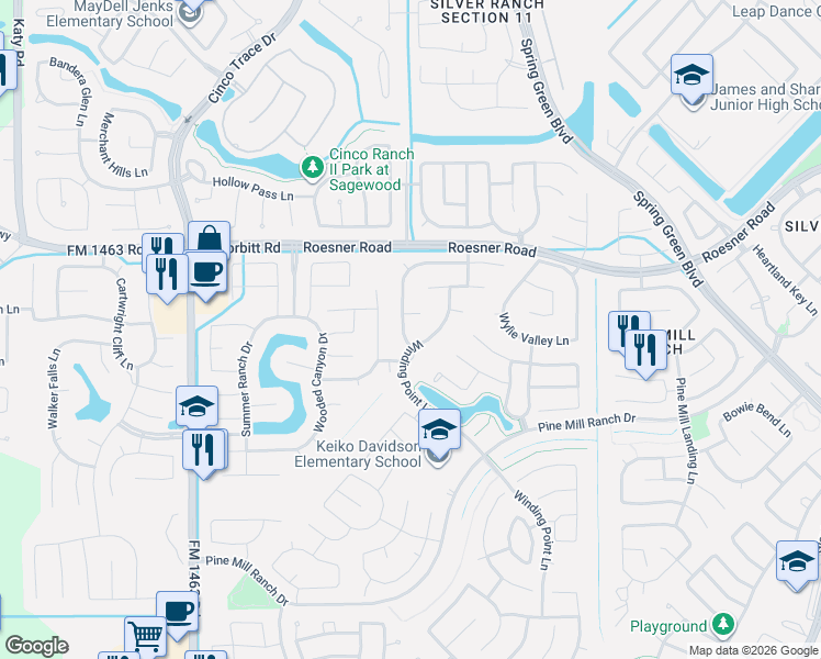 map of restaurants, bars, coffee shops, grocery stores, and more near 3519 Herons Pointe Lane in Katy