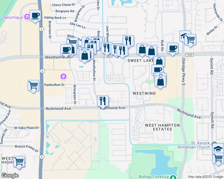 map of restaurants, bars, coffee shops, grocery stores, and more near 13842 Hollowgreen Drive in Houston