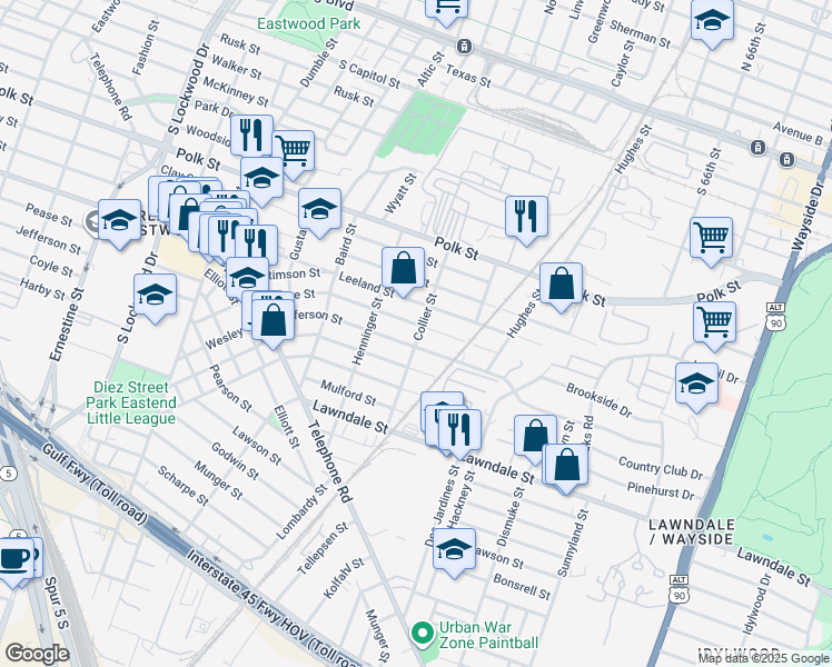 map of restaurants, bars, coffee shops, grocery stores, and more near 5250 Pease Street in Houston