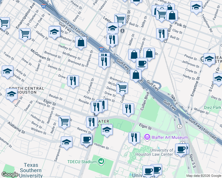 map of restaurants, bars, coffee shops, grocery stores, and more near 3606 Dennis Street in Houston
