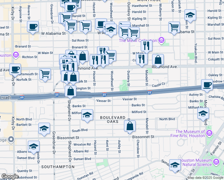 map of restaurants, bars, coffee shops, grocery stores, and more near 4608 Woodhead Street in Houston