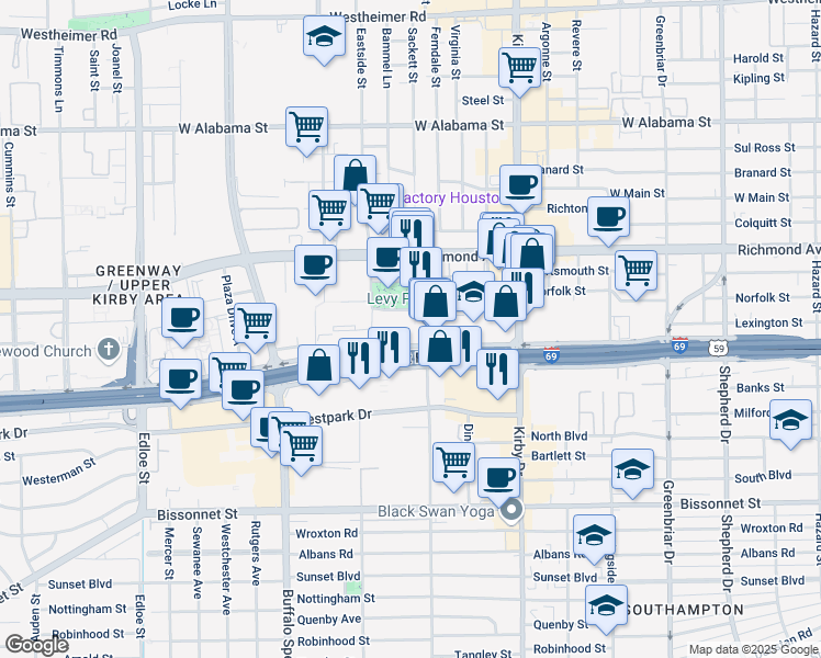 map of restaurants, bars, coffee shops, grocery stores, and more near 2828 Southwest Freeway in Houston