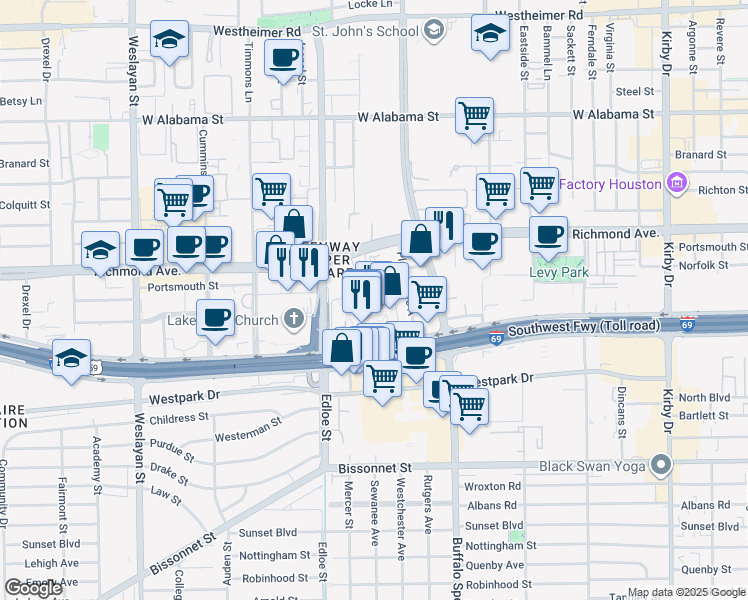 map of restaurants, bars, coffee shops, grocery stores, and more near 3 Greenway Plaza in Houston