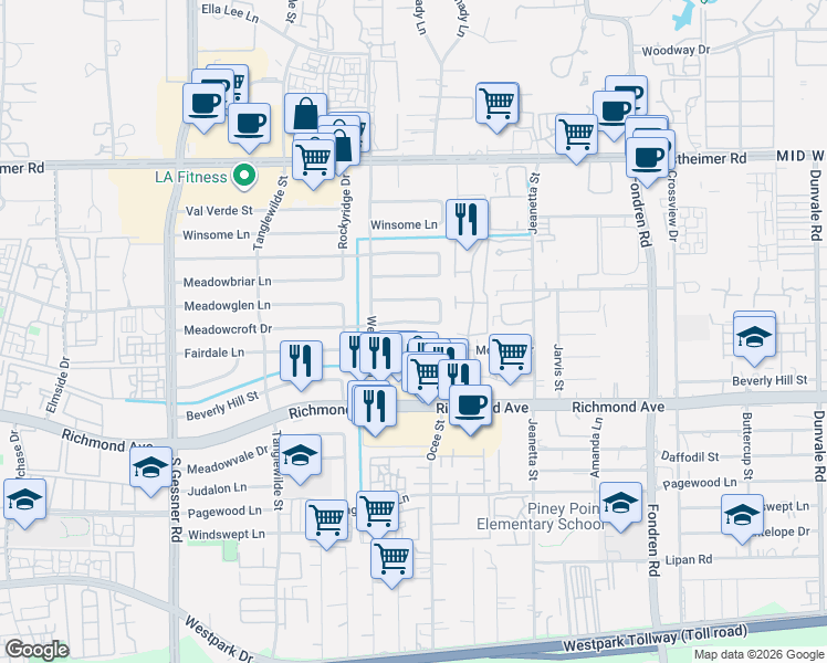 map of restaurants, bars, coffee shops, grocery stores, and more near 9407 Meadowcroft Drive in Houston