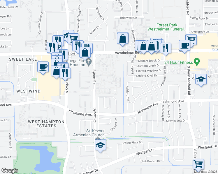 map of restaurants, bars, coffee shops, grocery stores, and more near 2727 Synott Road in Houston