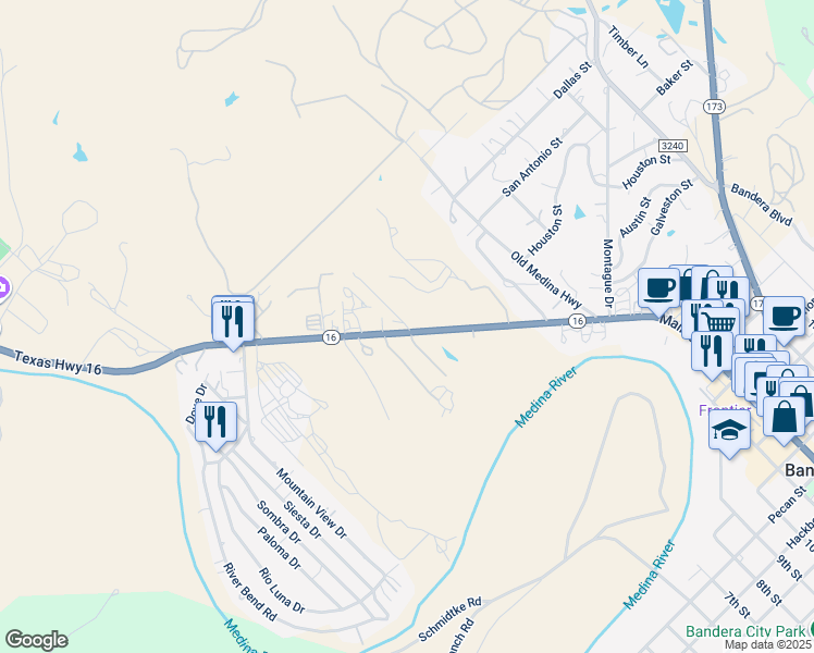map of restaurants, bars, coffee shops, grocery stores, and more near 125 Howard Lane in Bandera